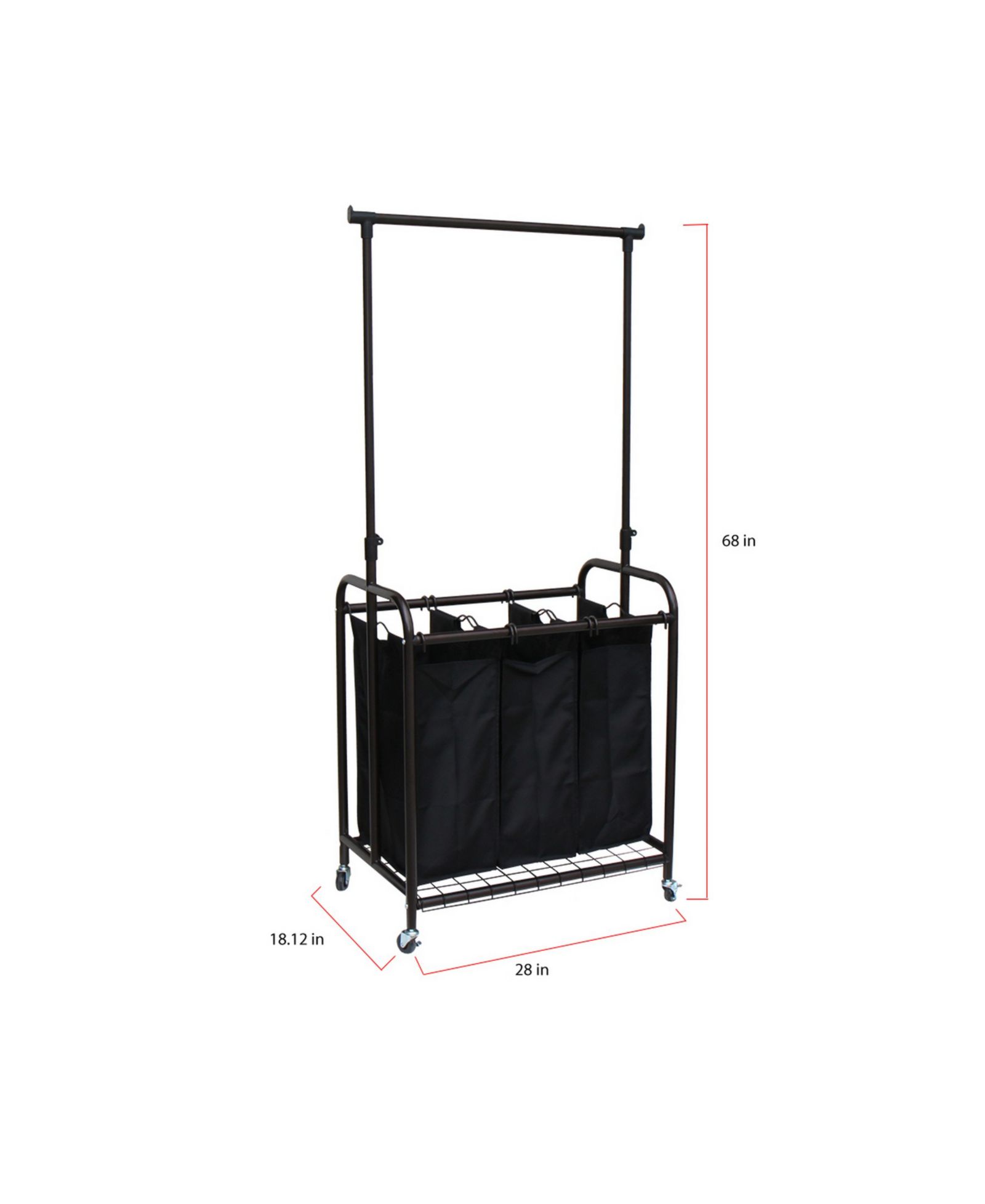 Oceanstar 3-Bag Rolling Laundry Sorter with Adjustable Hanging Bar, Bronze
