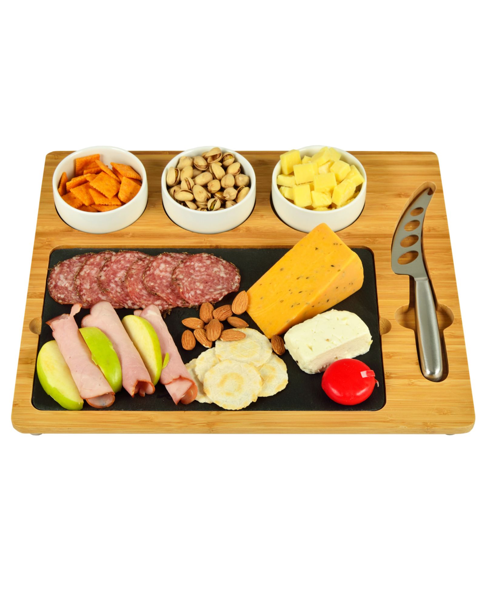 Picnic at Ascot Deluxe Bamboo, Slate Cheese Board, 3 Bowls, Multifunction Knife