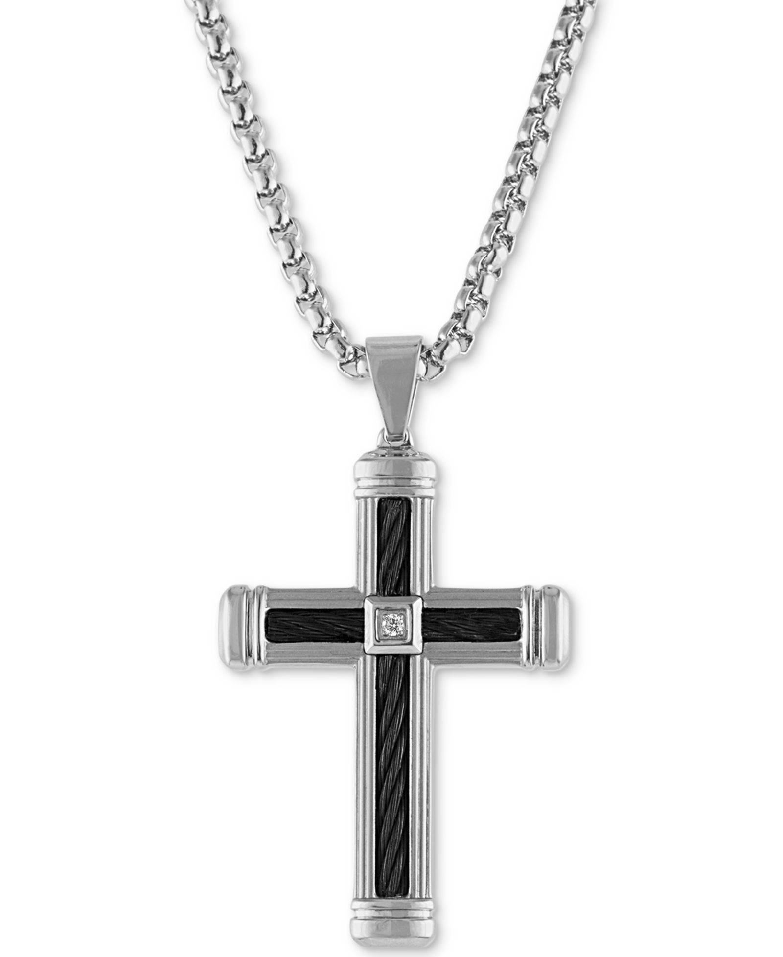 Esquire Men's Jewelry Diamond Accent Cross 22" Pendant Necklace  in Stainless Steel & Black Ion-Plate, Created for Macy's