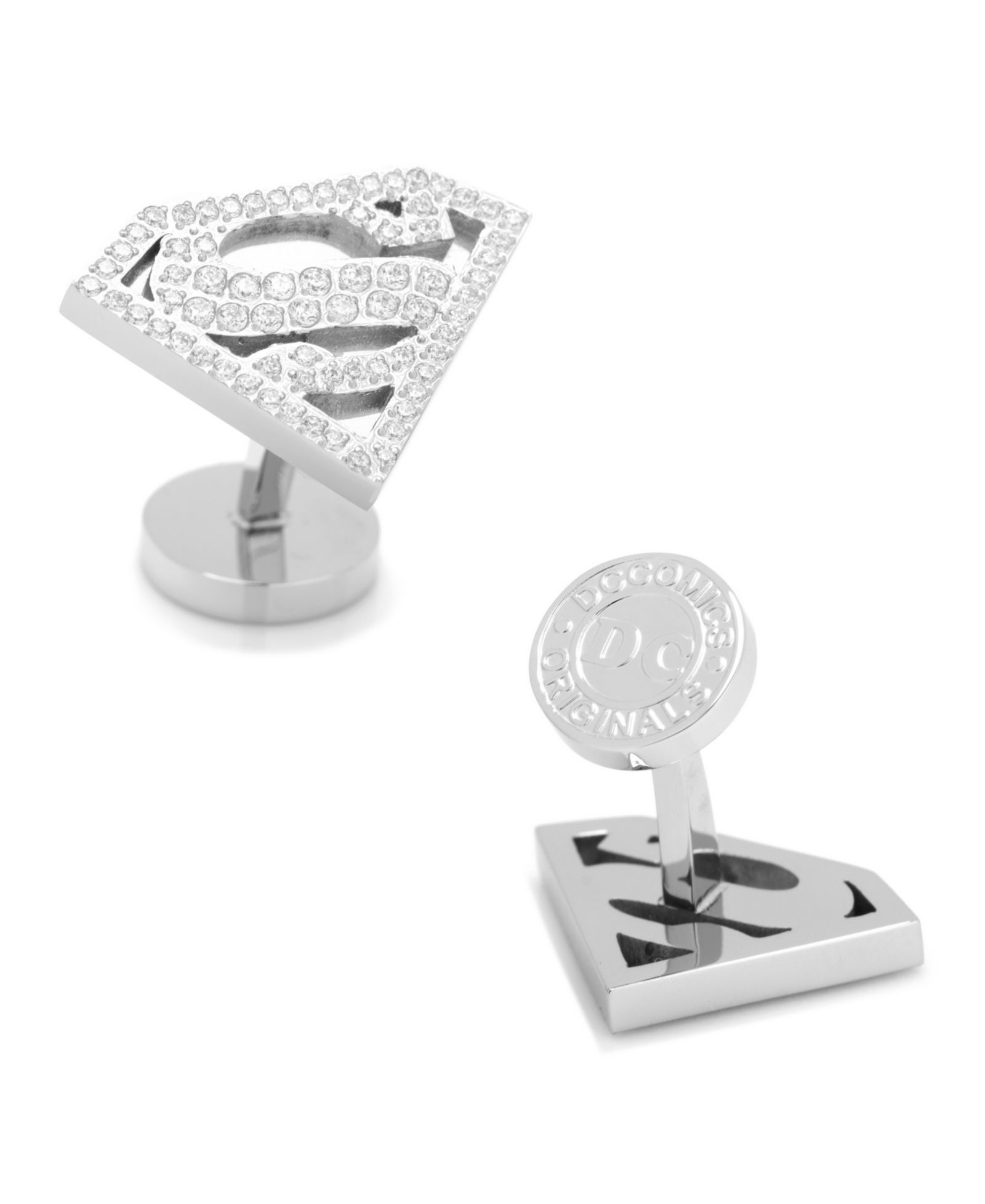 Stainless Steel White Pave Crystal Superman Cufflinks