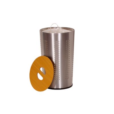 Household Essentials Round Metal Hamper with Engineered Wooden Lid, Stainless Steel