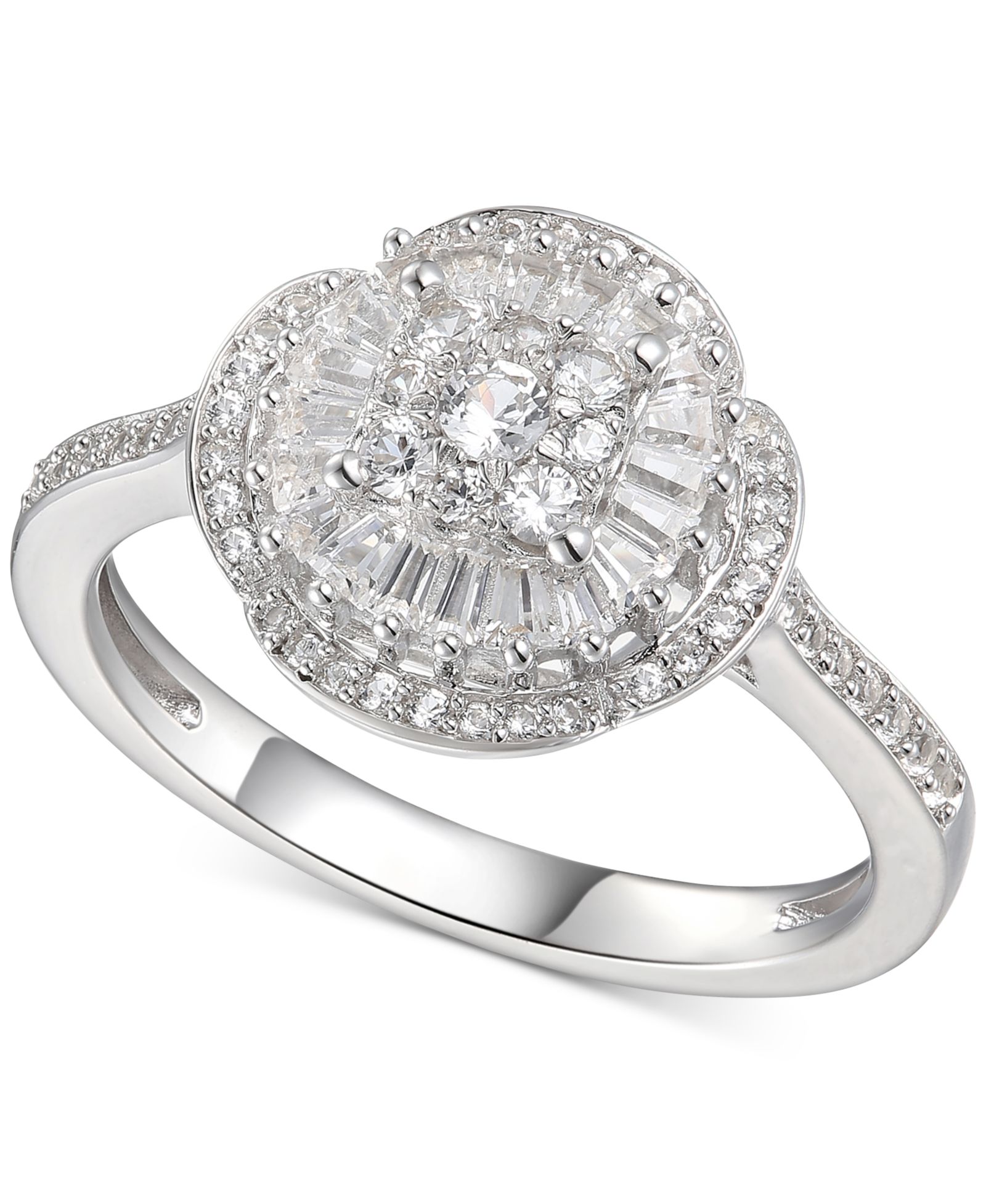 Кольцо с кубическим цирконием Baguette Cluster Halo в Sterling Silver