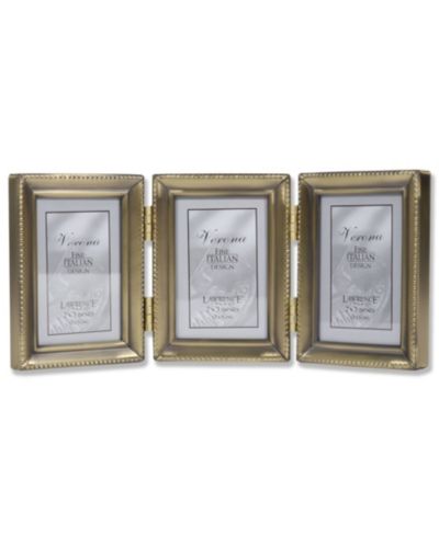 Lawrence Frames Antique Gold Brass Hinged Triple Picture Frame - Beaded Edge Design - 2" x 3"