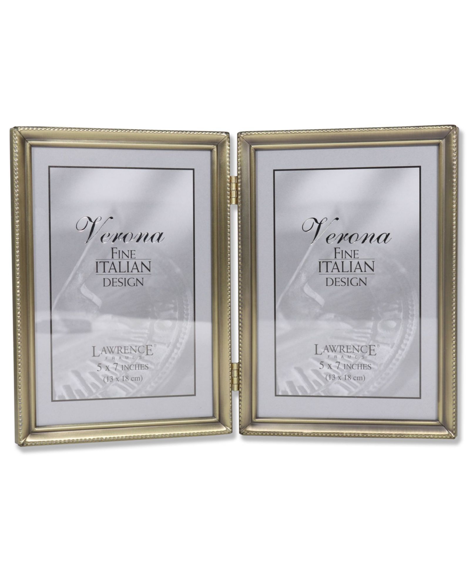 Lawrence Frames Antique Brass Hinged Double Picture Frame - Bead Border Design - 5" x 7"