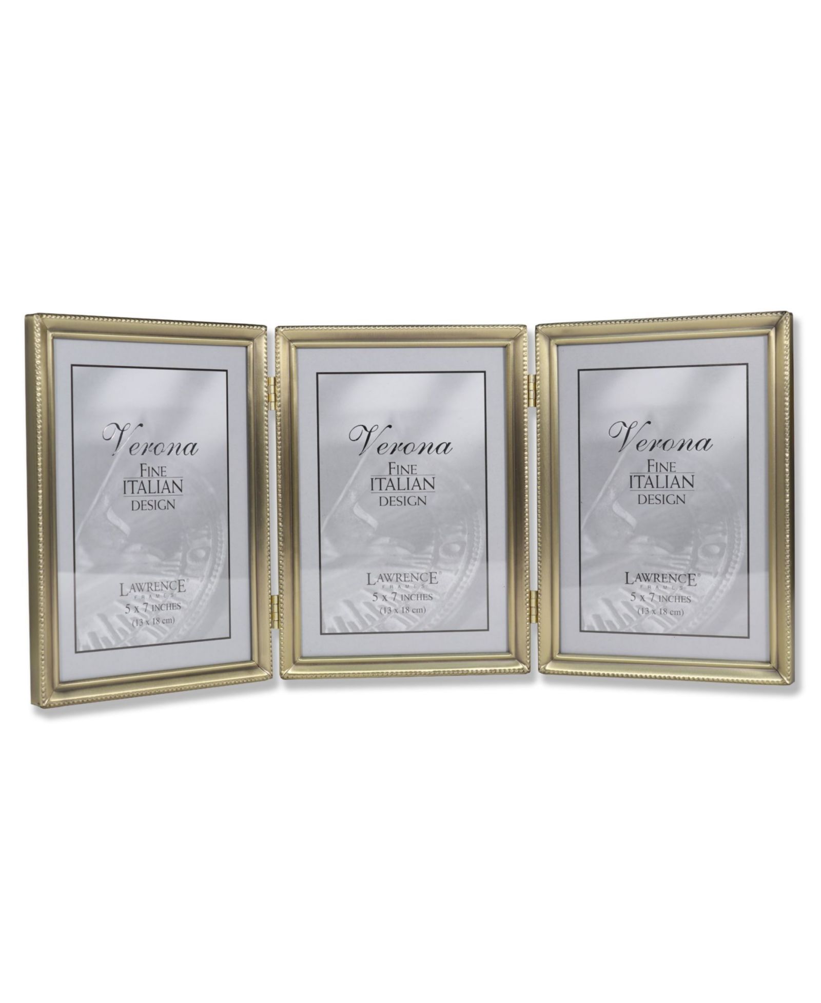 Lawrence Frames Antique Brass Hinged Triple Picture Frame - Bead Border Design - 5" x 7"