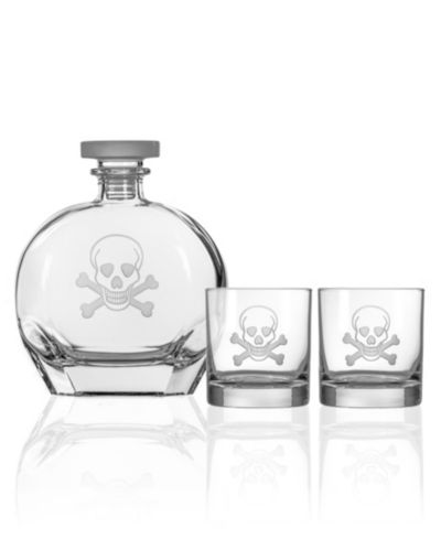 Rolf Glass Skull And Crossbones 3 Piece Gift Set - Whiskey Decanter And Rocks Glasses
