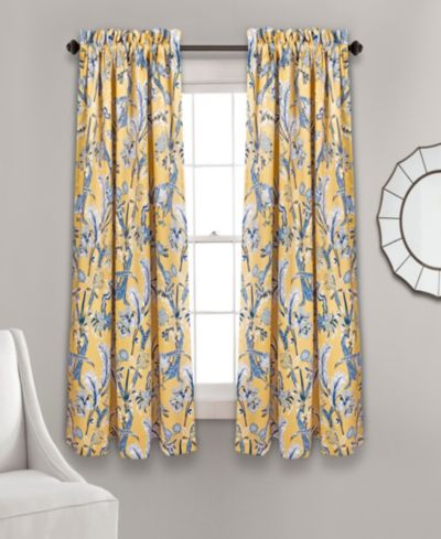 Lush Decor Dolores Light Filtering Window Panels, Pair, 52" W x 63" L, Yellow - Toile Curtains - Floral Bird Print