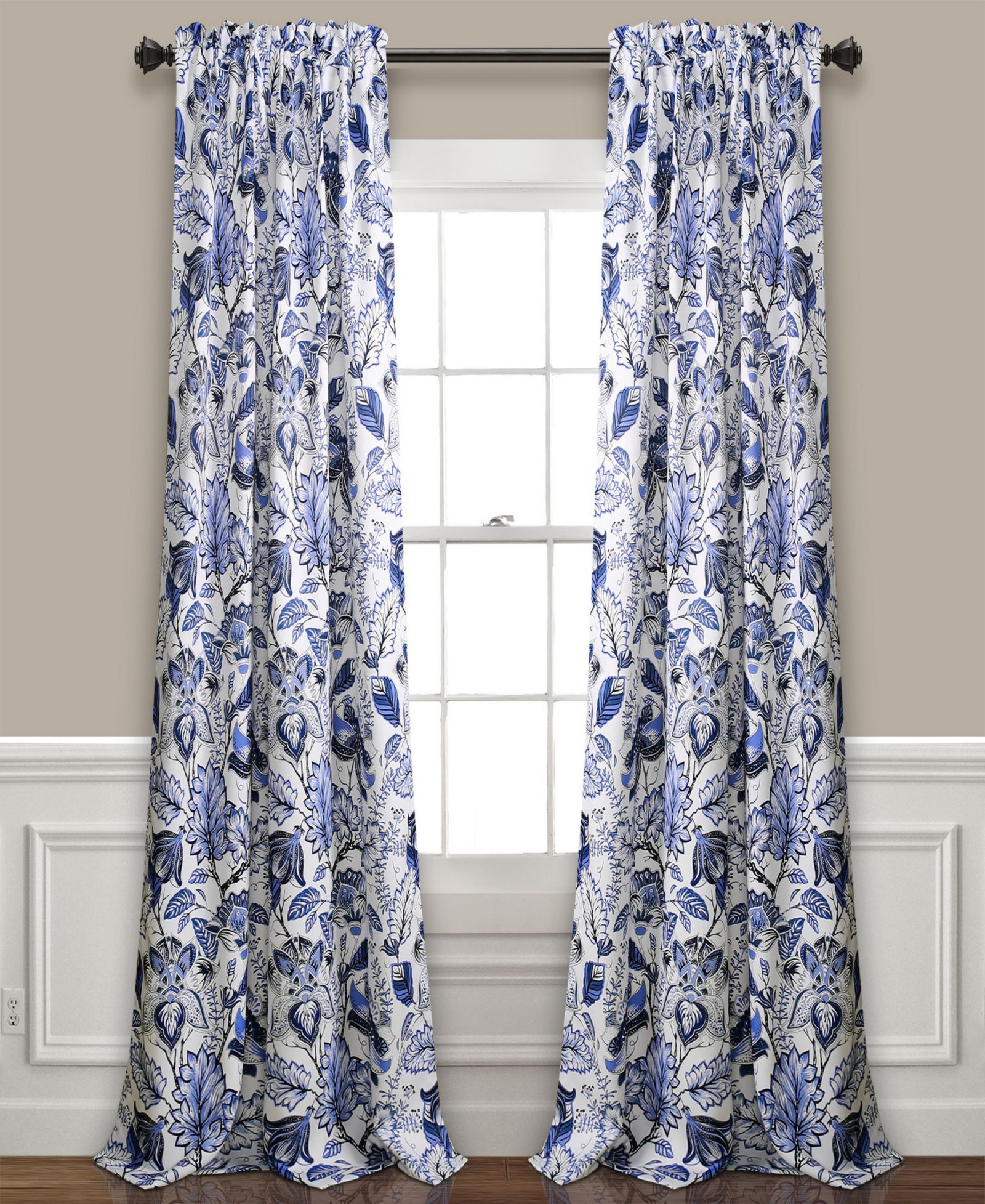 Lush Decor Cynthia Jacobean Room Darkening Window Curtain Panels Pair 52"W x 108"L+2" Blue - Floral Curtains for Living Room - Long Bedroom Curtains