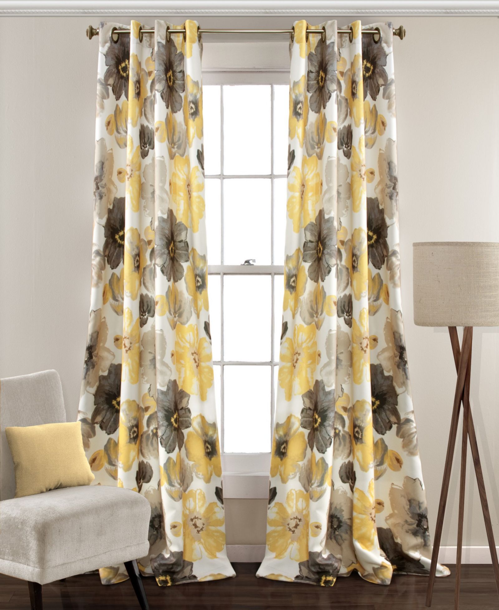 Lush Decor Leah Light Filtering Window Curtain Panels, Pair, 52" W x 120" L, - Floral Drapes for Bedroom - Yellow Curtains -Farmhouse Decor