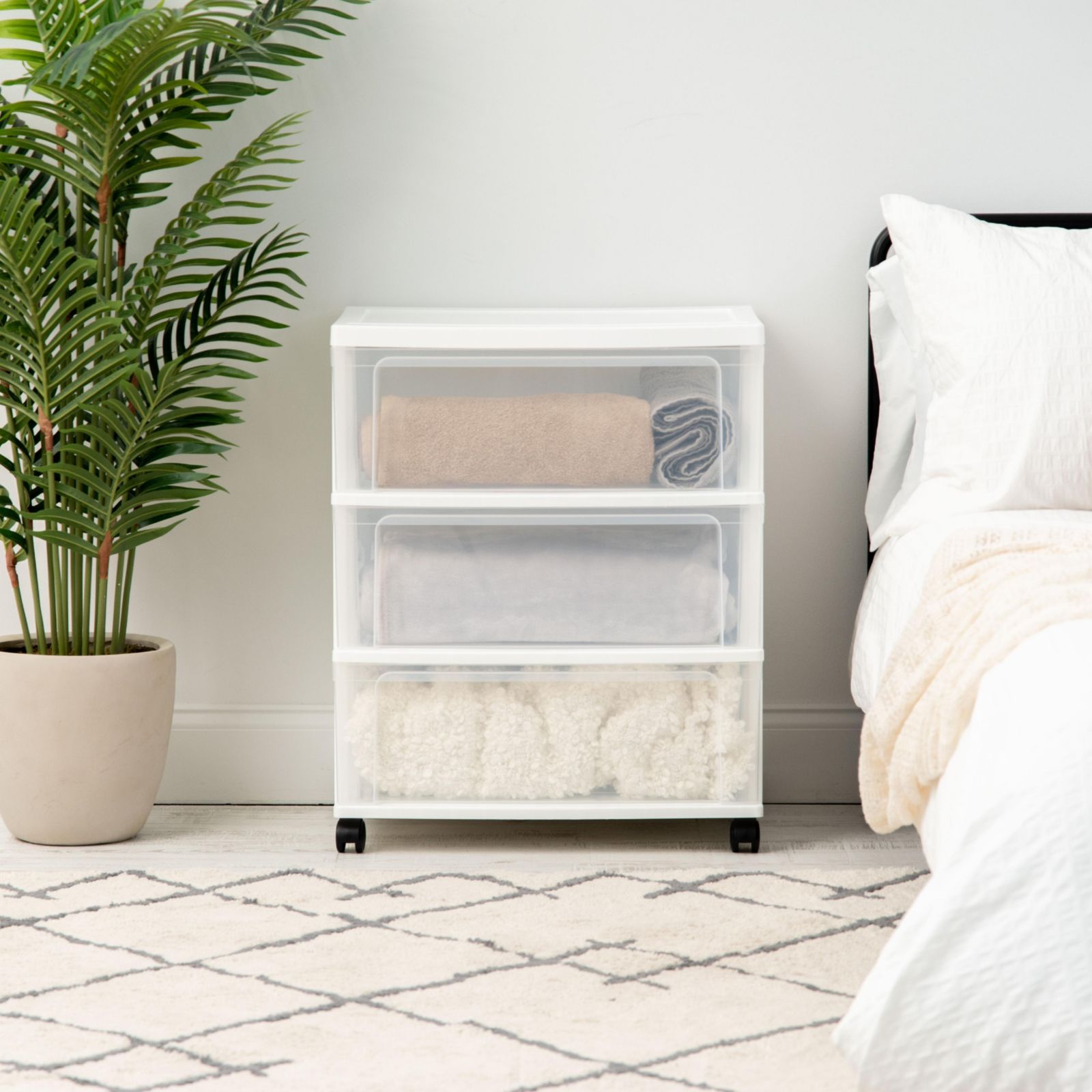 IRIS 3 Drawer Wide Storage Drawer Cart with Caster Wheels, White/Clear