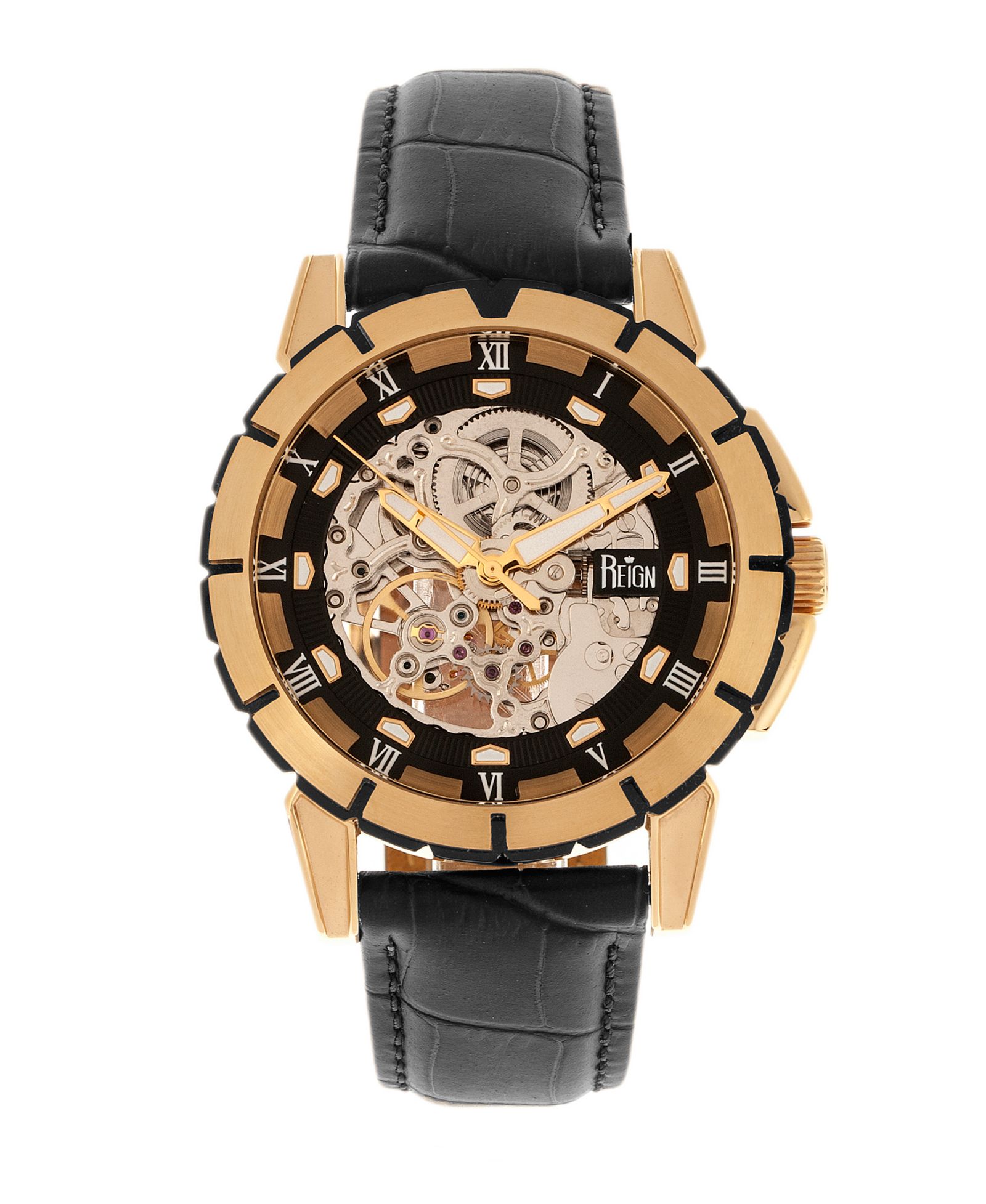 Автоматические часы Reign Philippe, корпус Rose Gold, черный циферблат, натуральный черный кожаный ремешок, 41mm