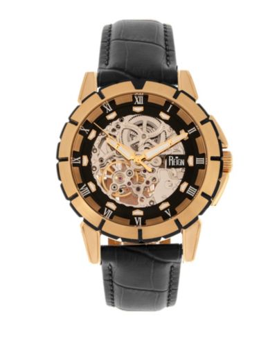 Автоматические часы Reign Philippe, корпус Rose Gold, черный циферблат, натуральный черный кожаный ремешок, 41mm