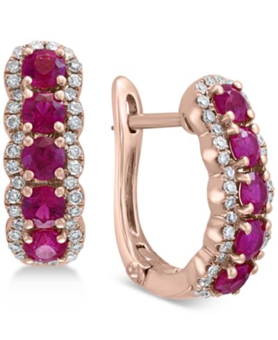 Серьги-кольца EFFY® Ruby (1-1/4 ct. t.w.) & Diamond (1/4 ct. t.w.) в 14k Rose Gold