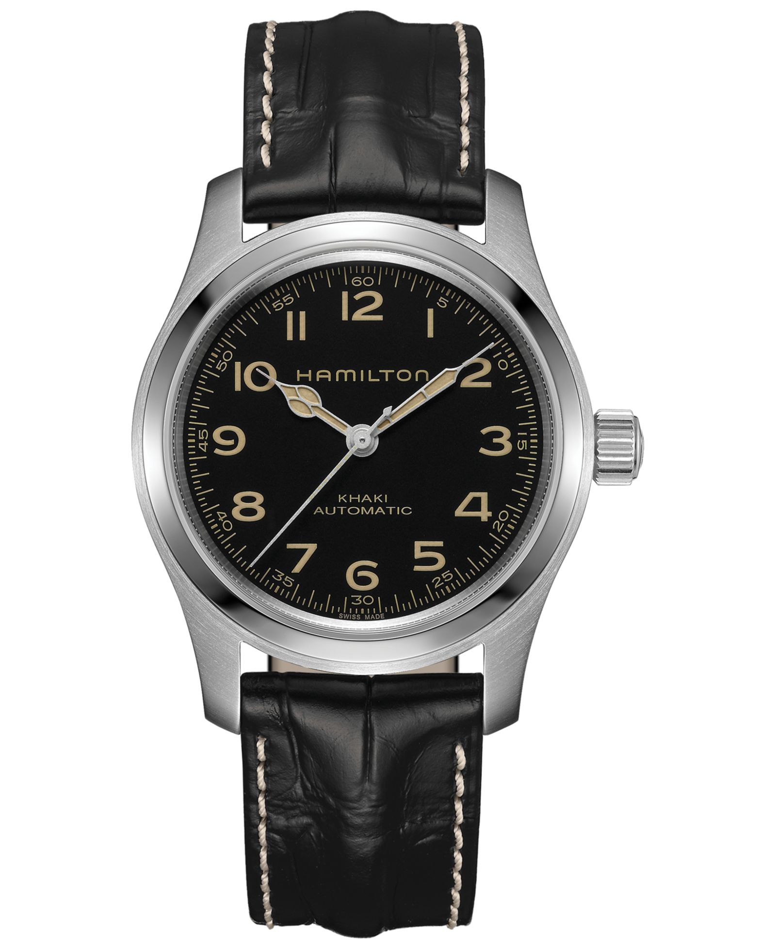 Hamilton Men’s Swiss Automatic Khaki Field Murph Black Leather Strap Watch 42mm