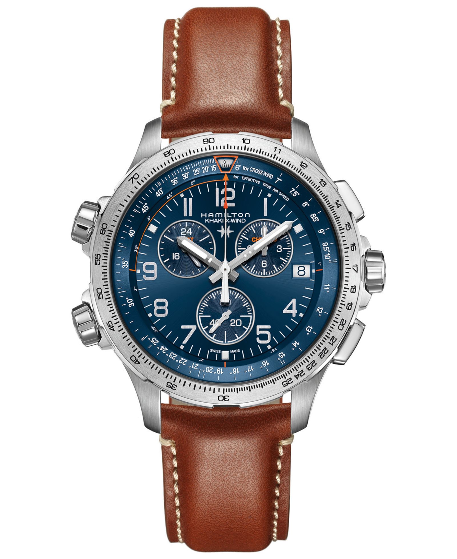 Hamilton Men's Swiss Chronograph Khaki X-Wind GMT Brown Leather Strap Watch 46mm