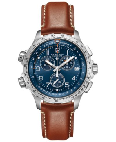 Мужские часы Hamilton Swiss Chronograph Khaki X-Wind GMT Brown Leather Strap 46mm