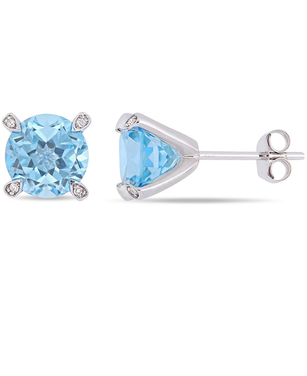Gemstone and Diamond Accent Stud Earrings in 10k White Gold. Available in Blue Topaz (4-3/4 ct.t.w.), Citrine (3 5/8 ct.t.w), Garnet (4 ct.t.w.), Amethyst (3 ct. t.w.) & Prasiolite (3 1/2 ct.t.w.)