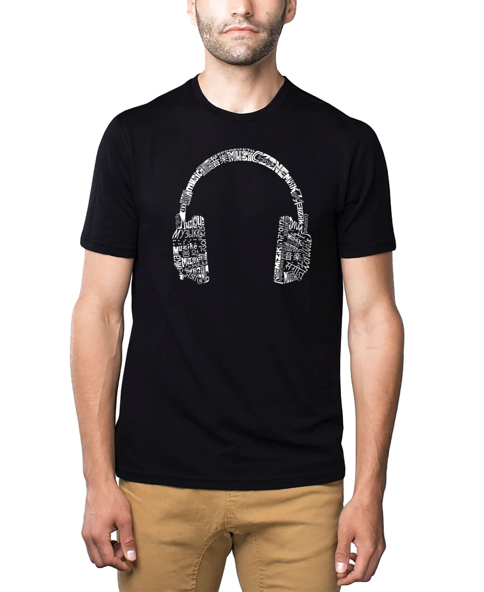 LA Pop Art Mens Premium Blend Word Art T-Shirt - Headphones - Music in Different Languages