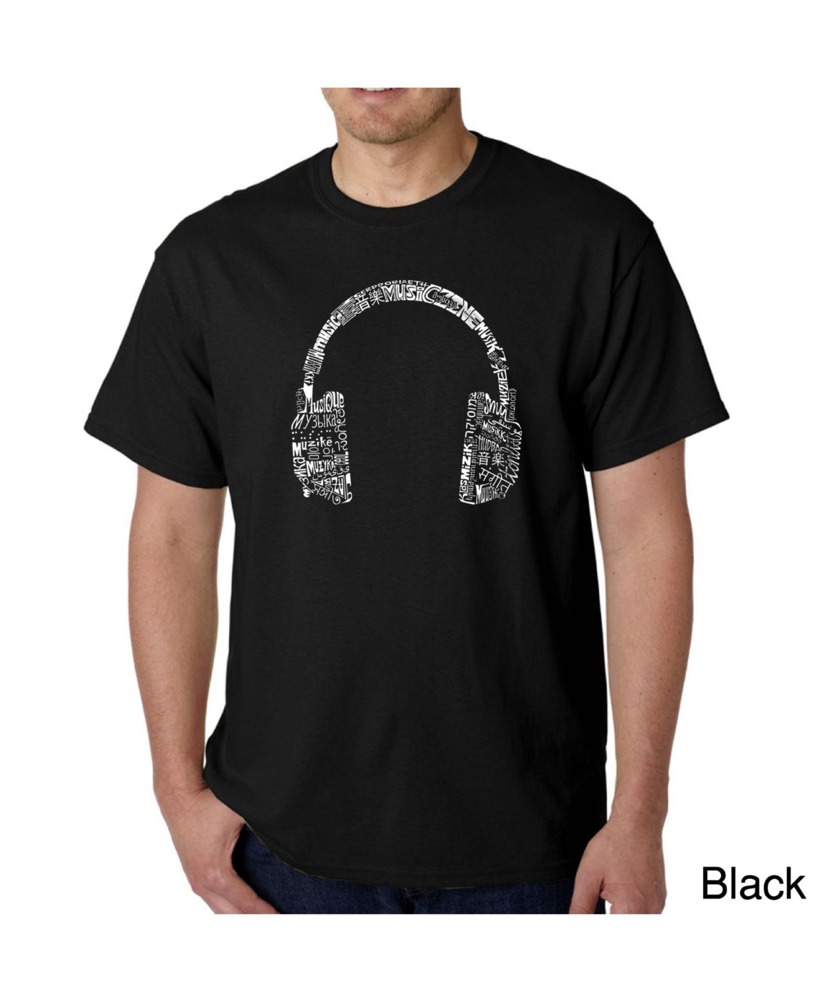 LA Pop Art Mens Word Art T-Shirt - Headphones - Music in Different Languages