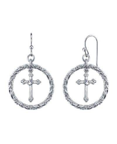 Серьги-подвески 2028 Silver Tone Suspended Cross Hoop Drop