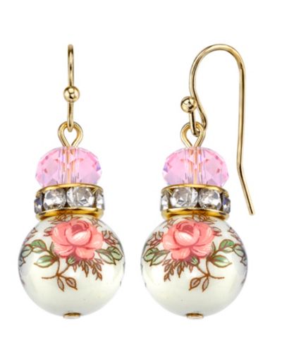 Серьги-подвески 2028 Gold Tone Lt. Rose Pink and Floral Beaded