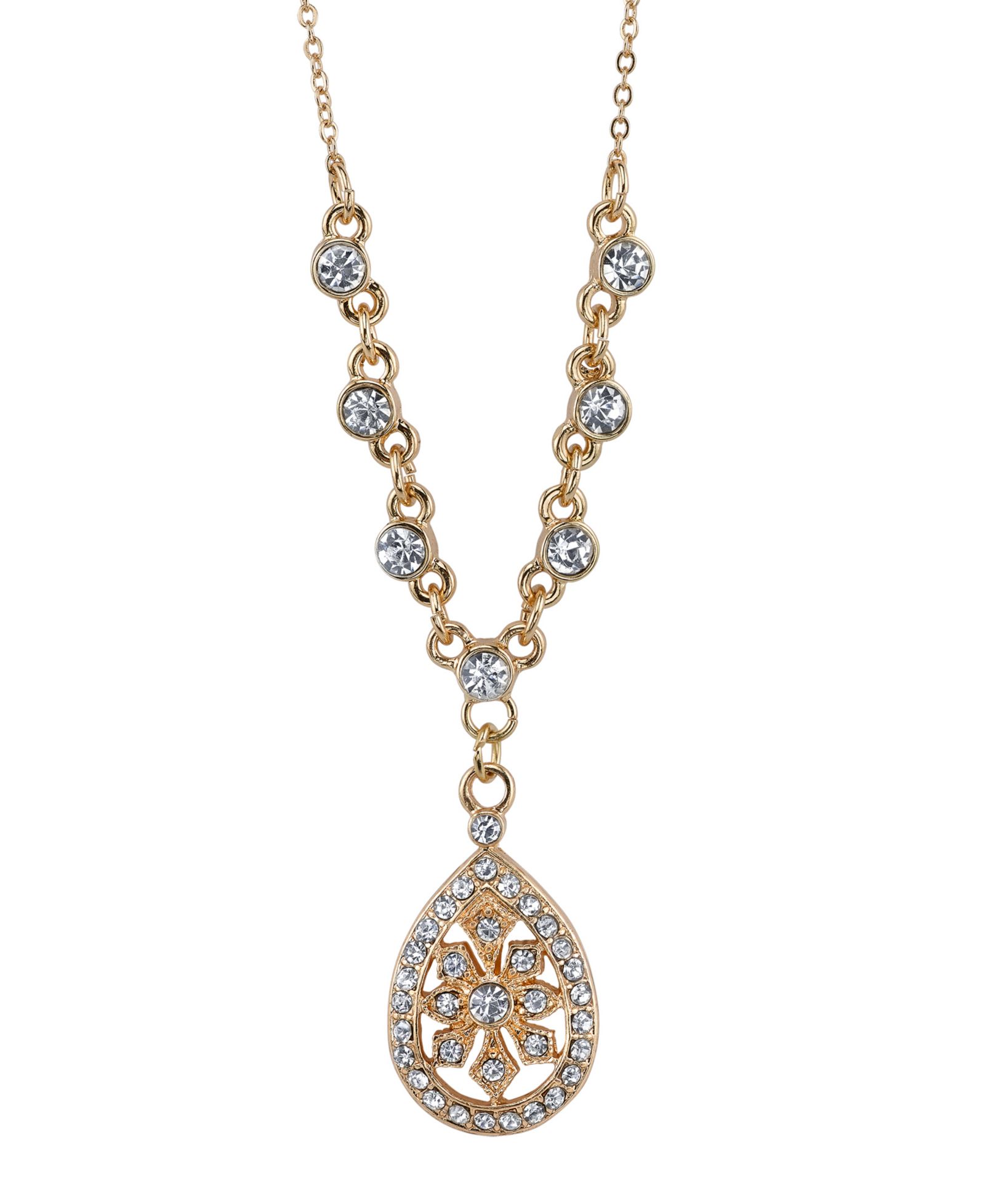 2028 Gold-Tone Crystal Filigree Teardrop Necklace 16" Adjustable
