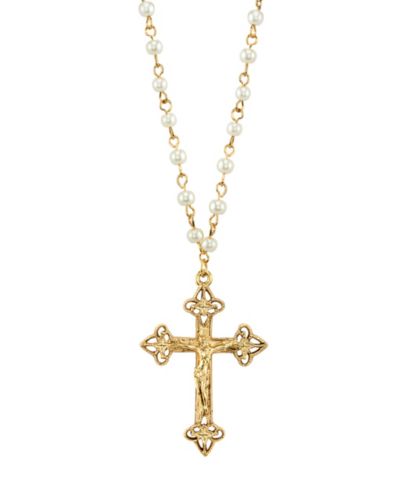 Подвеска-крест 2028 14K Gold Tone Simulated Pearl Chain Crucifix Cross 16" регулируемая