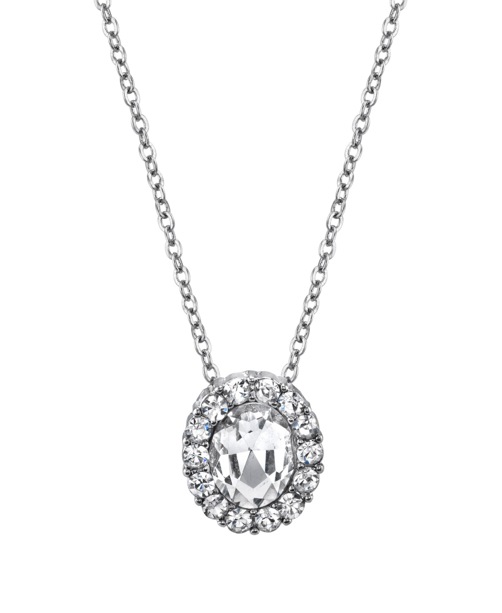 2028 Silver-Tone Crystal Oval Pendant Necklace 16" Adjustable