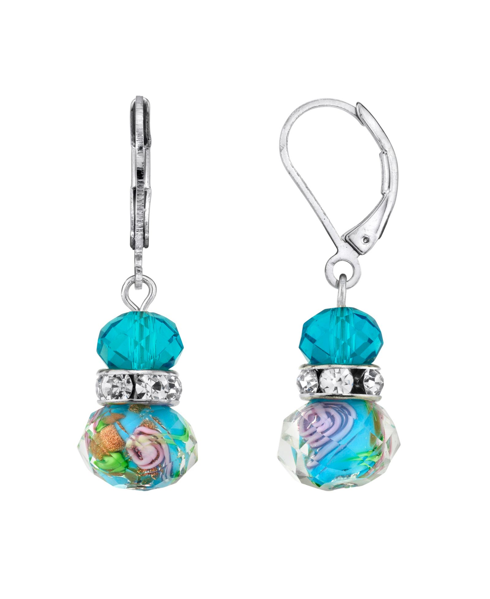 Серьги 2028 Silver Tone Aqua Blue Pink Floral Beaded Drop Wire