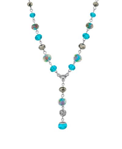 Ожерелье 2028 Silver Tone Aqua Pink Flower Beaded Drop Y 16" Adjustable