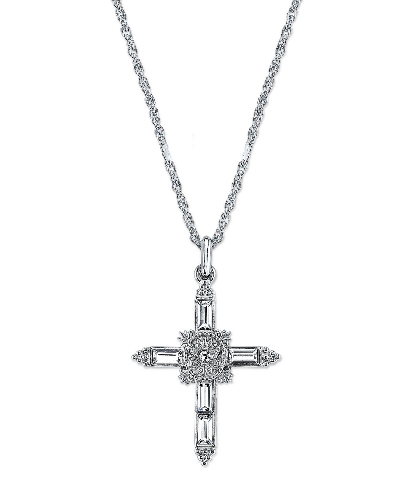 Серебряный кулон-крест с кристаллами Symbols of Faith 18"