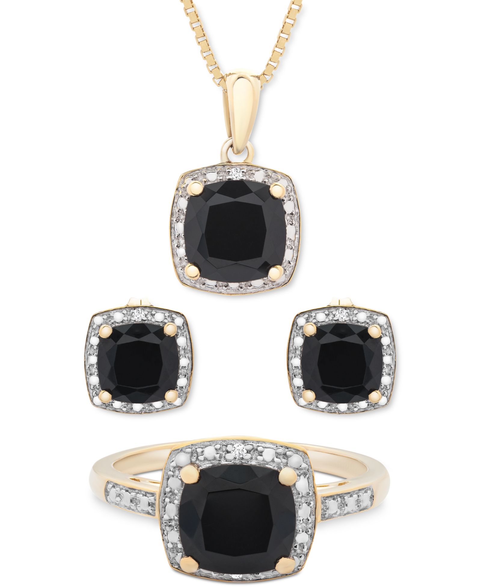 Набор из 3-х изделий Onyx & Diamond Accent Pendant Necklace, Ring and Stud Earrings в 14k Gold-Plated Sterling Silver