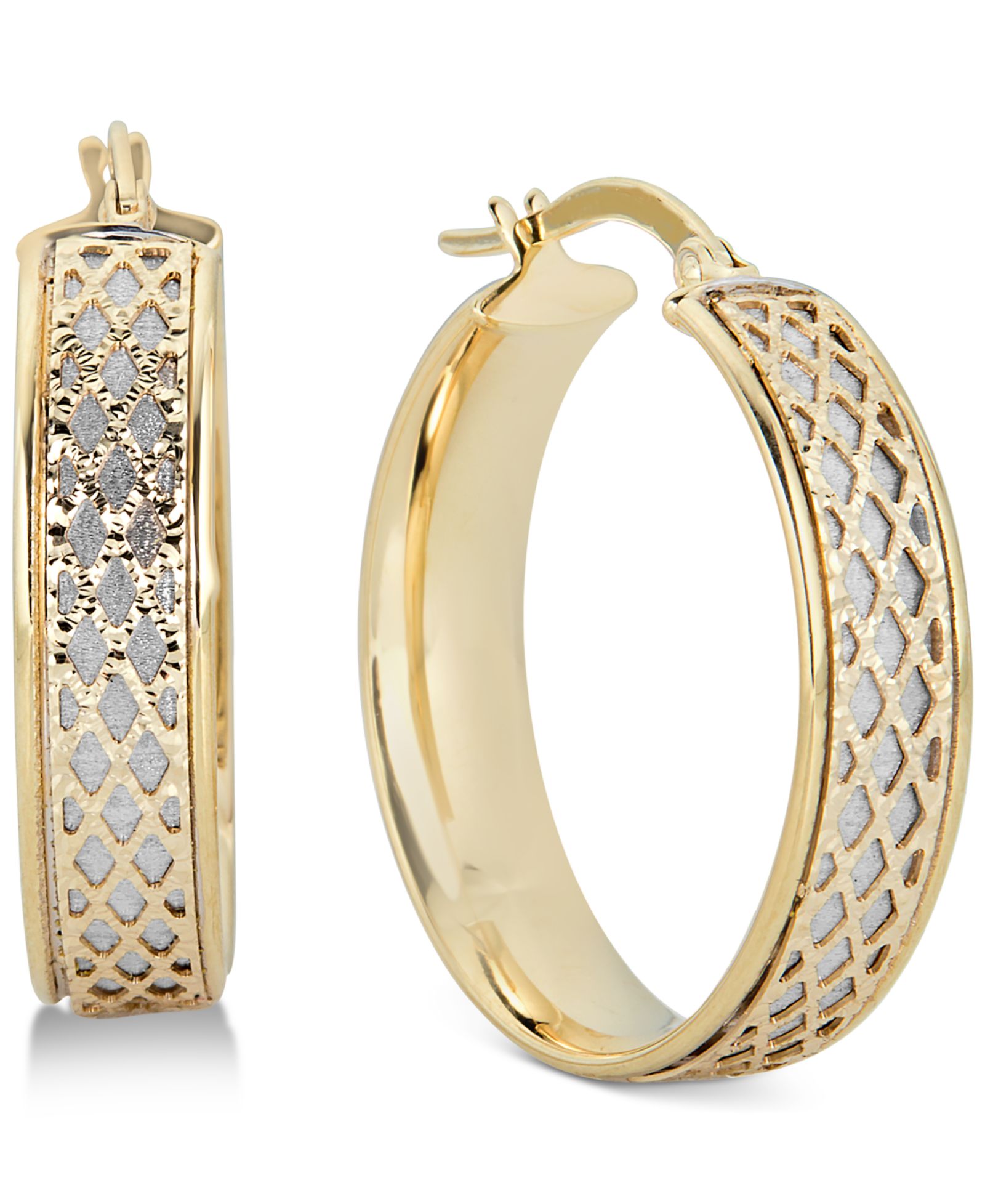Серьги-кольца Italian Gold Lattice-Design, 14k White Gold and 14k Gold