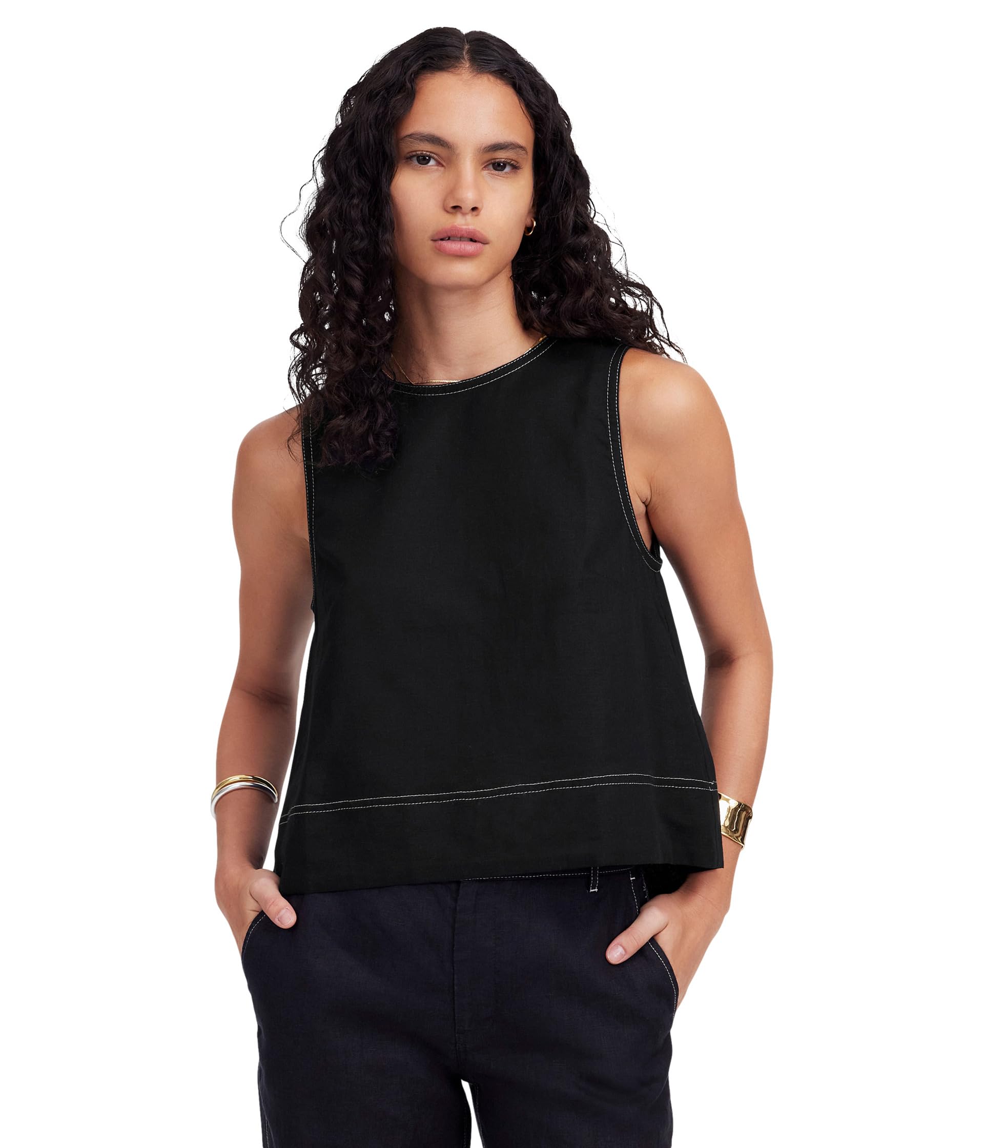 Embroidered Shell Top in 100% Linen