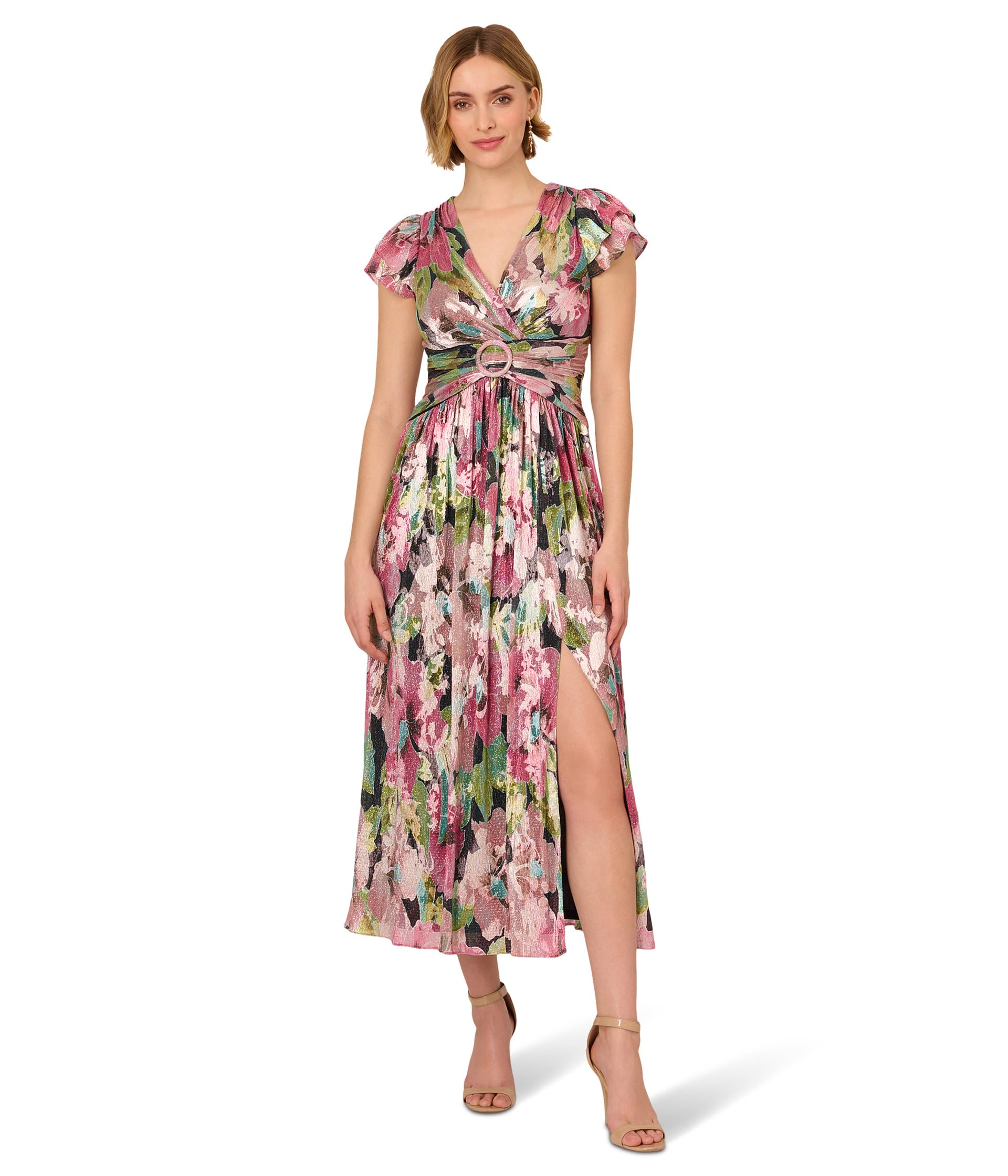 Floral Metallic Crinkle Gown