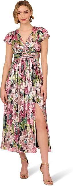 Floral Metallic Crinkle Gown