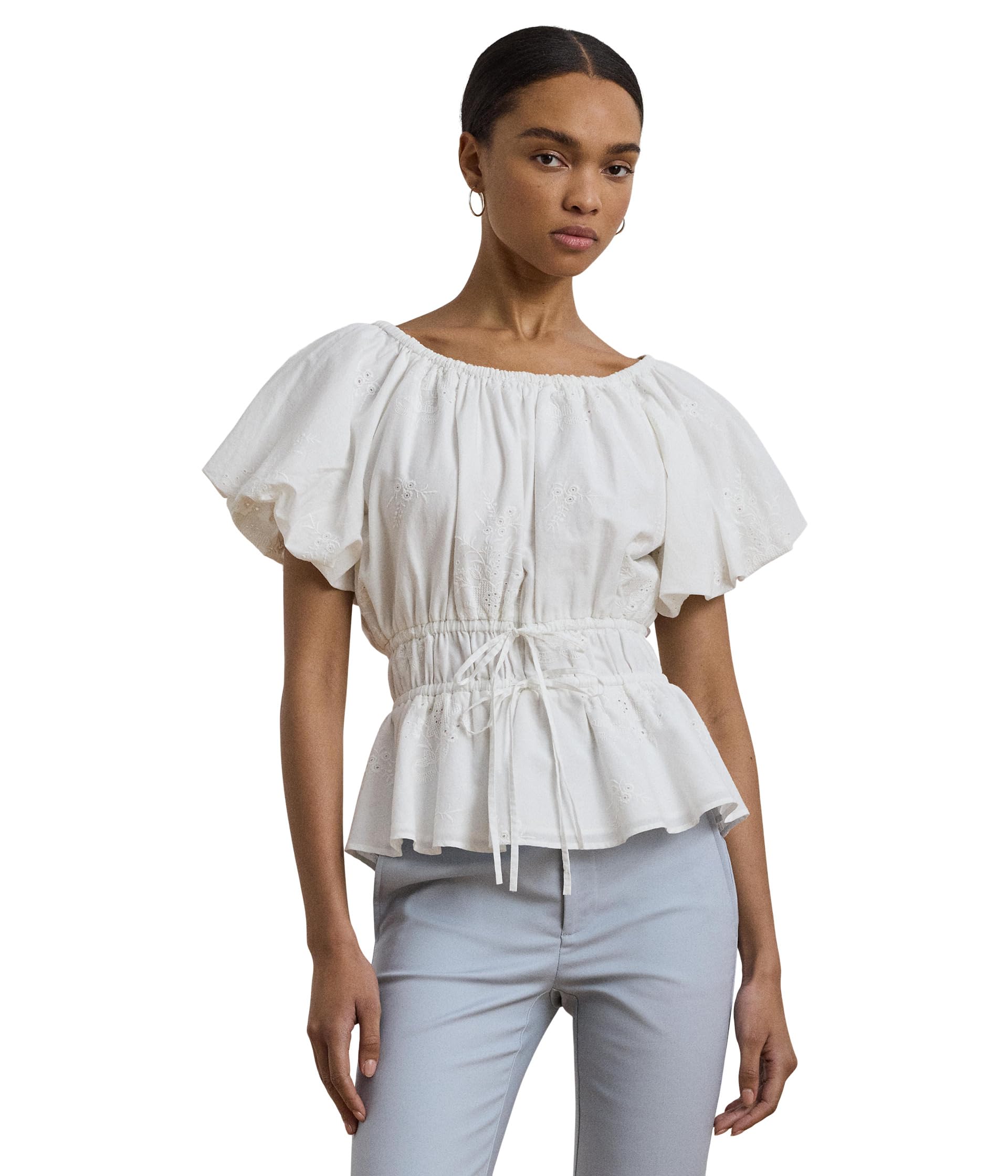 Eyelet Cotton Voile Peplum Blouse