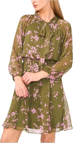 Женское платье CeCe Long Sleeve Tie Neck Printed