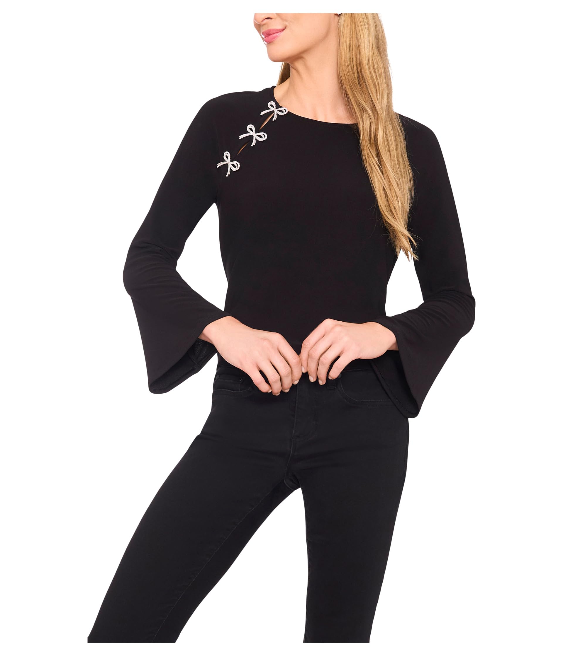 Женский трикотажный топ Pearl Bow Applique Long Sleeve