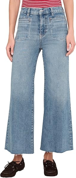 Patch Pocket Flared Wide Leg Jeans with Raw Hem in Shalimar Wash
