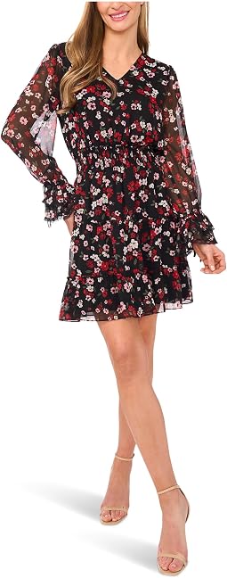 Balloon Sleeve V-Neck Smocked Waist Dress