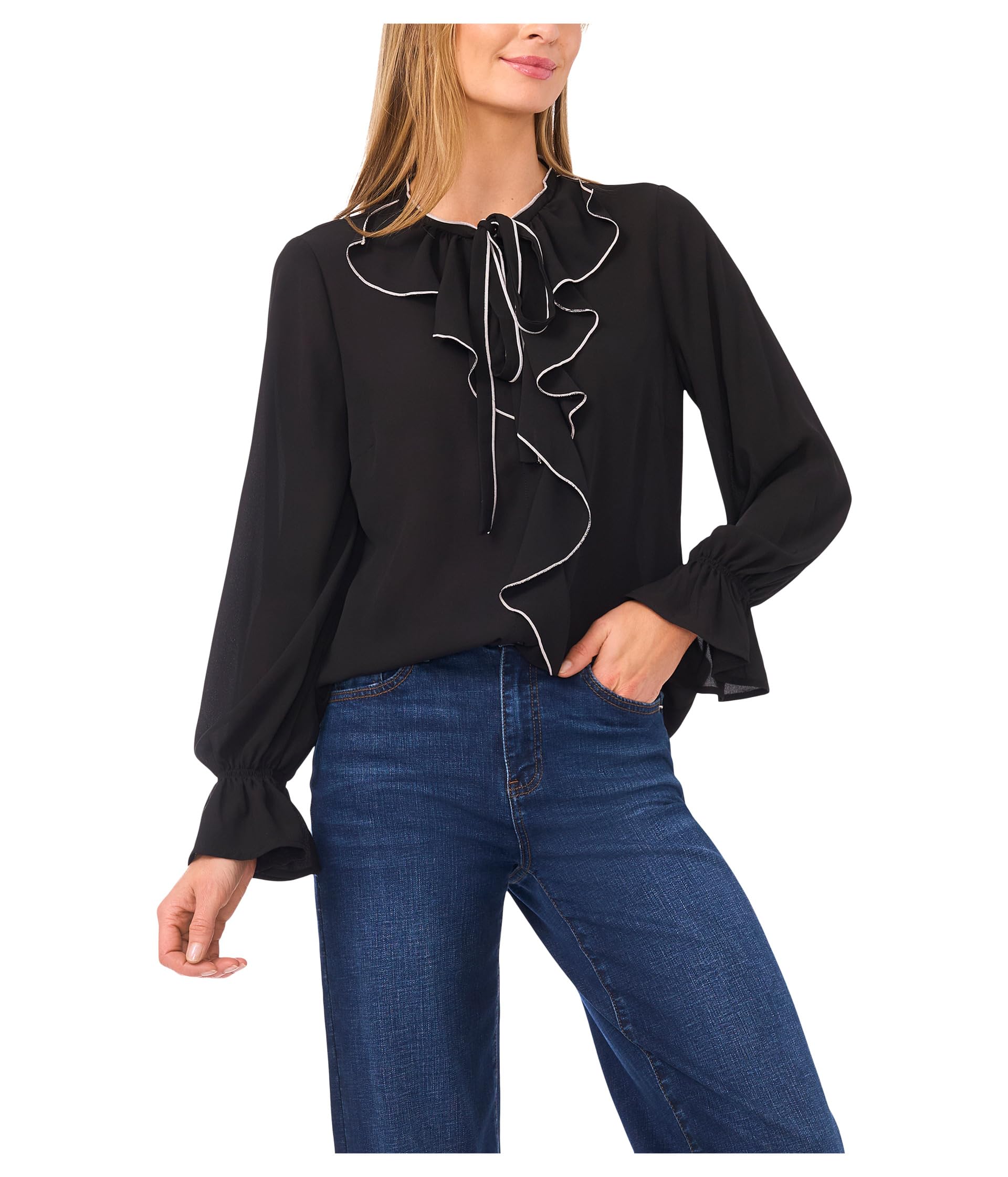 Long Sleeve Button-Down Ruffle Top