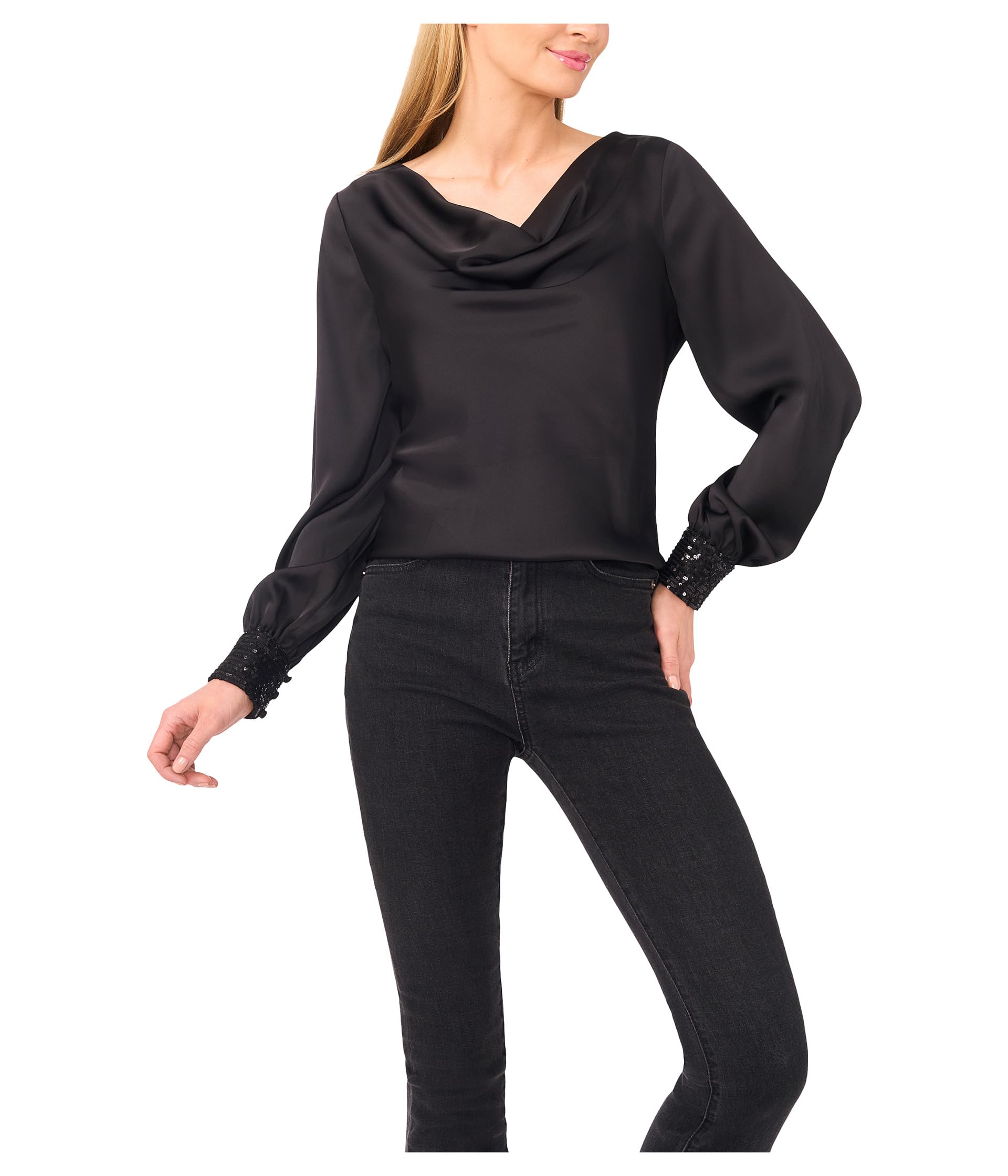 Long Sleeve Satin Cowl Neck Top