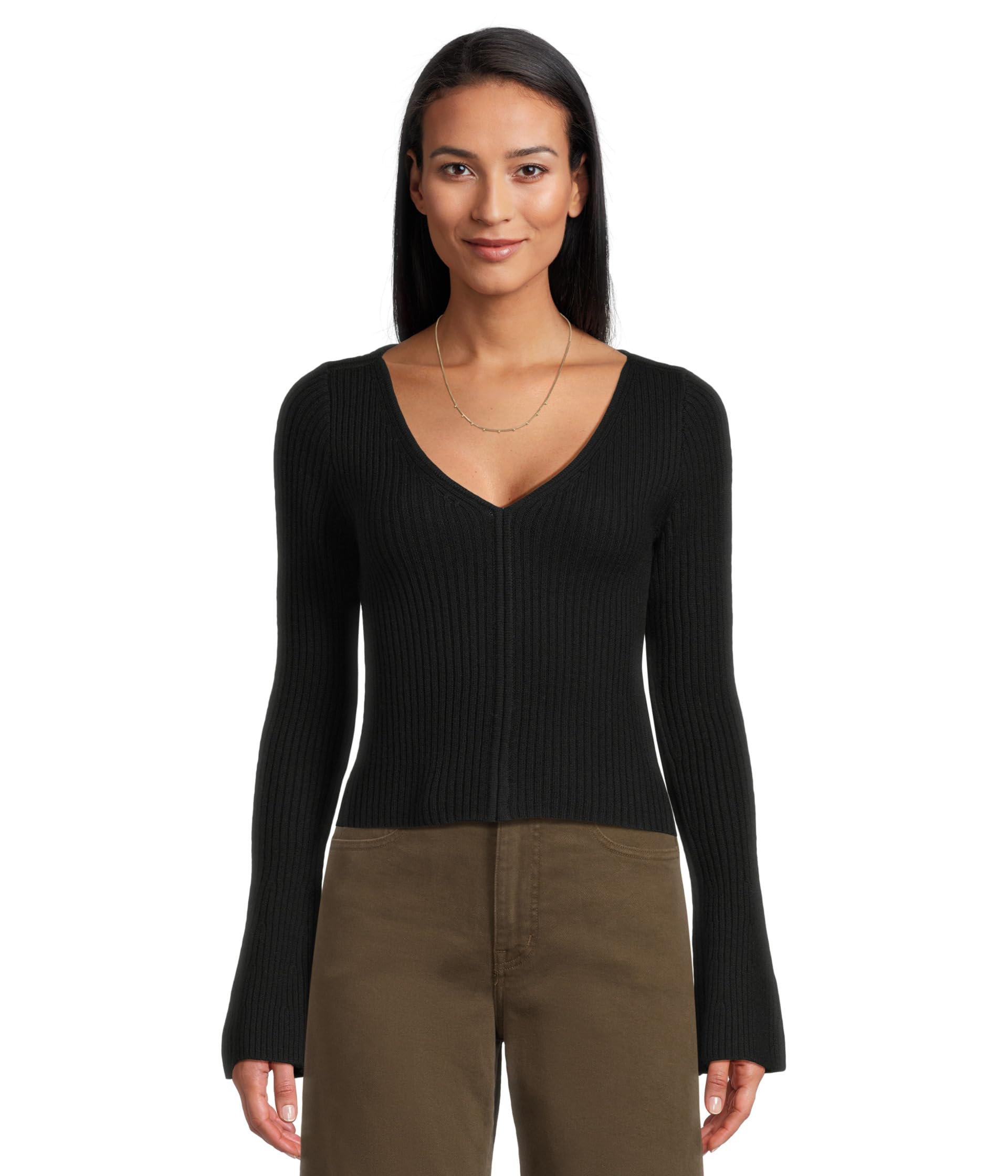Ribbed Merino Flare Sleeve Vneck Clari
