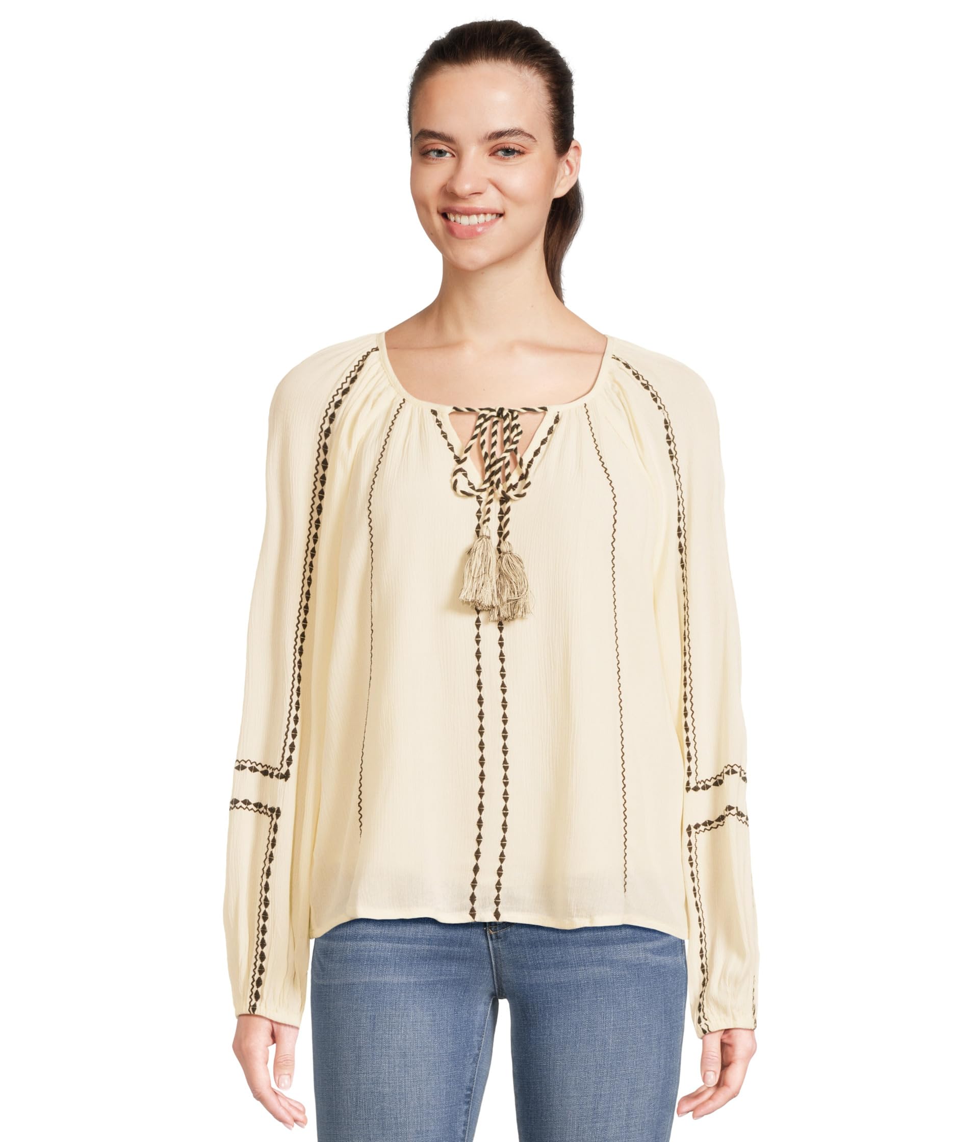 Long Sleeve Woven Raglan Blouse With Embroidery