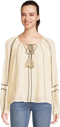 Long Sleeve Woven Raglan Blouse With Embroidery