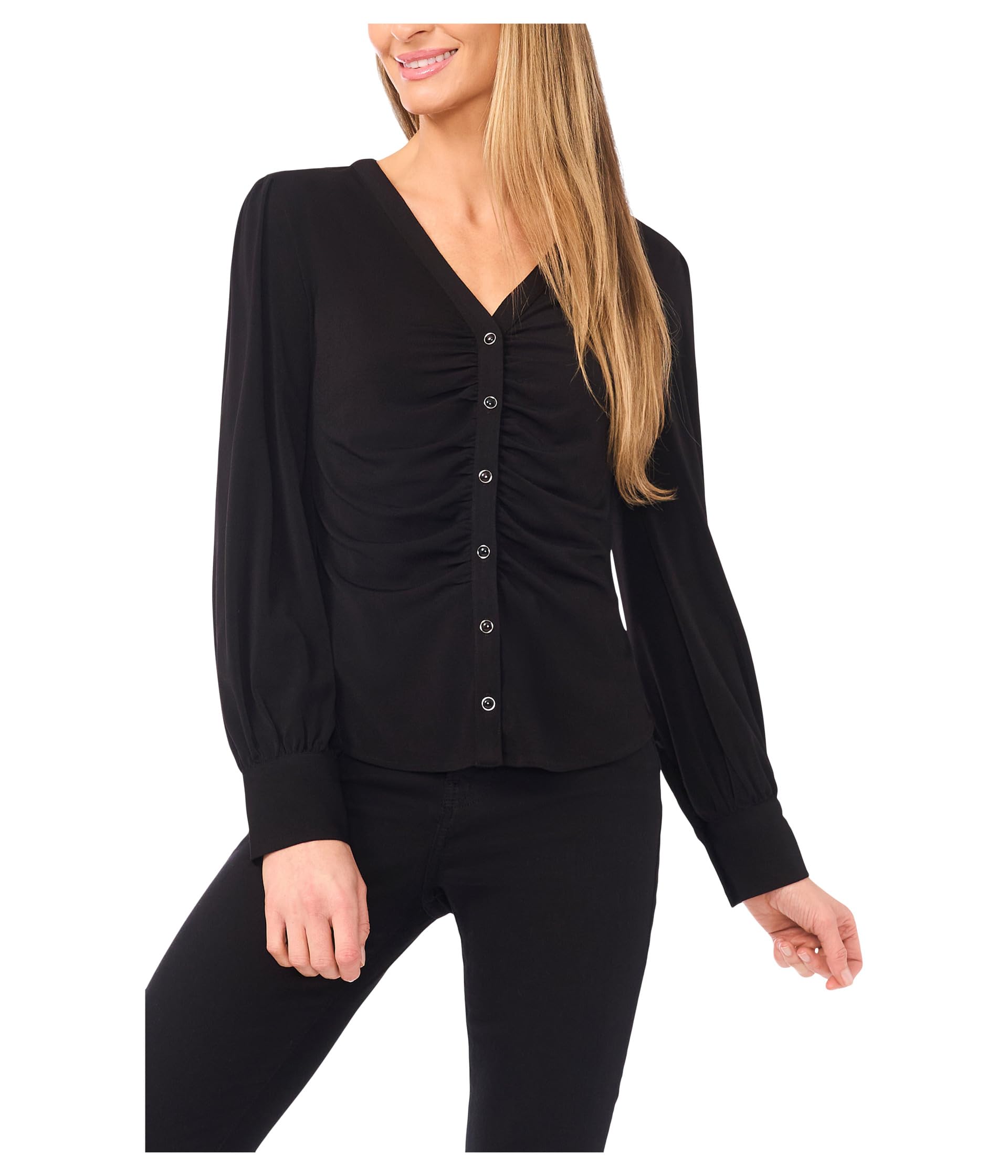 Long Sleeve V-neck Shirred Button Down Knit