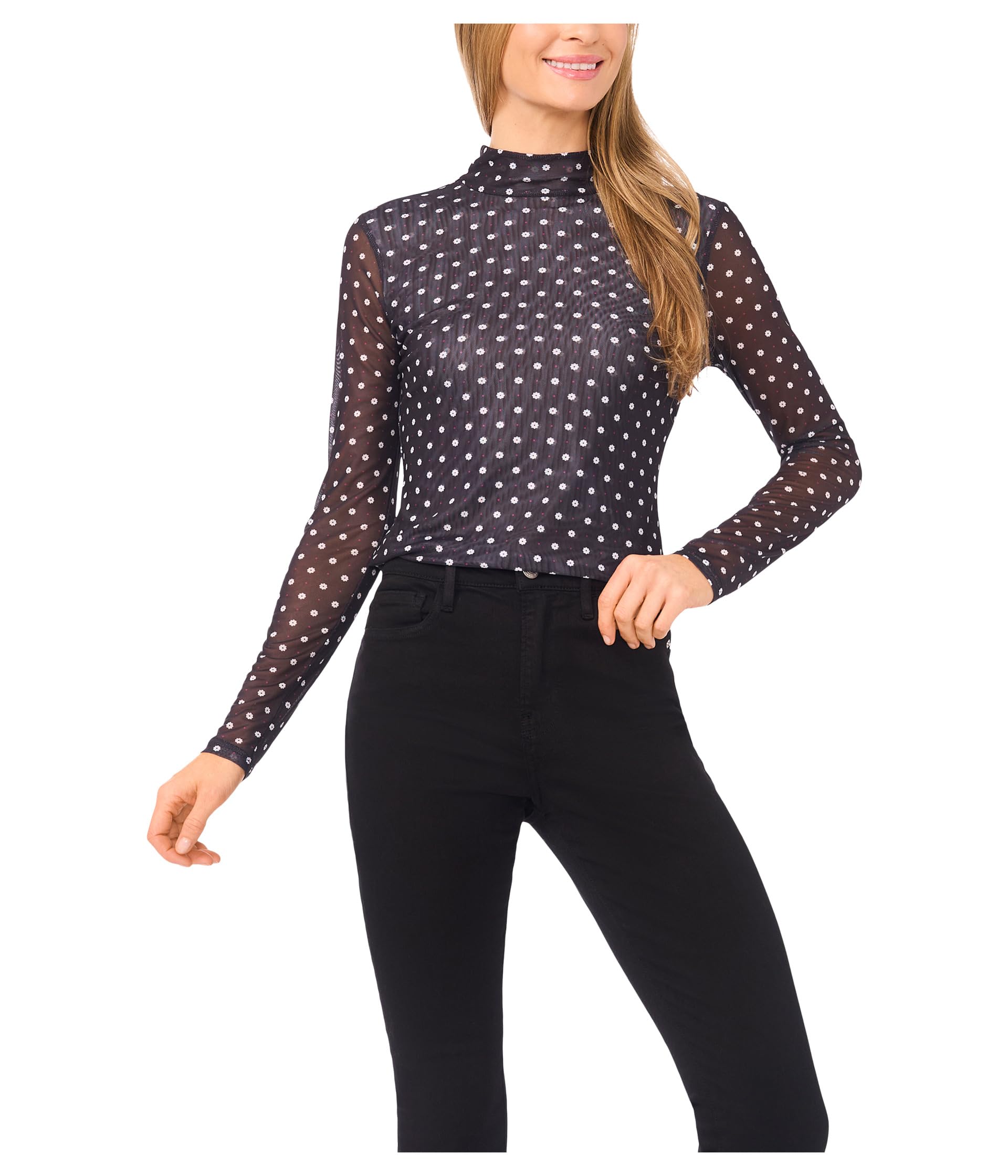 Long Sleeve Mesh Fitted Turtleneck Top женский топ