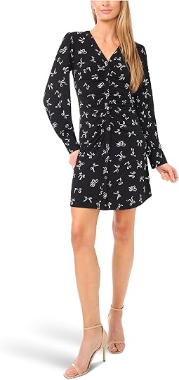 Bow Print Button Front Shirred Knit Dress