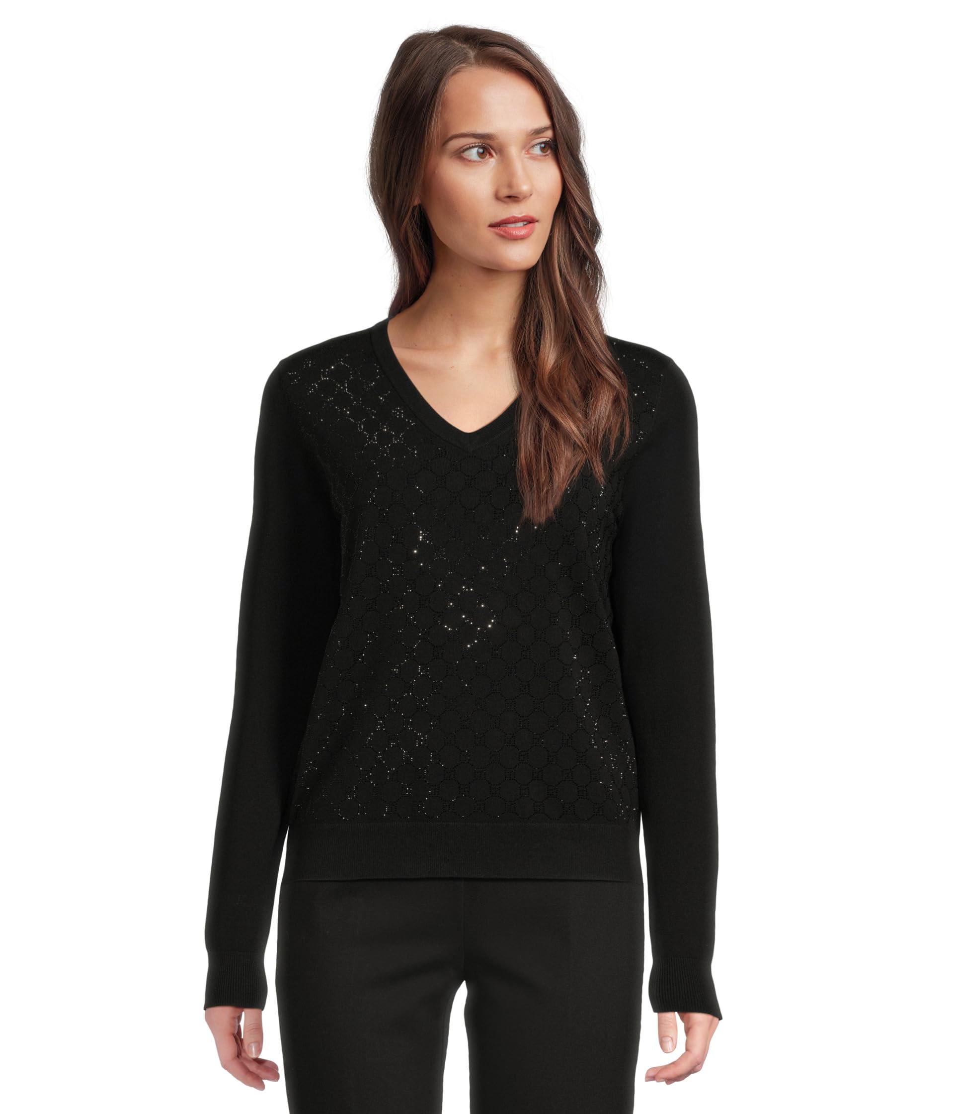 Pop Top - Long Sleeve V-Neck Sweater with Crystals detail